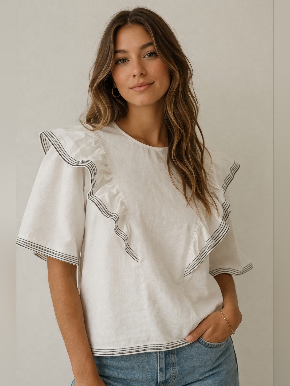 Saylor Harriette White Denim cotton stretch Ruffle shirt sleeve tee shirt size M